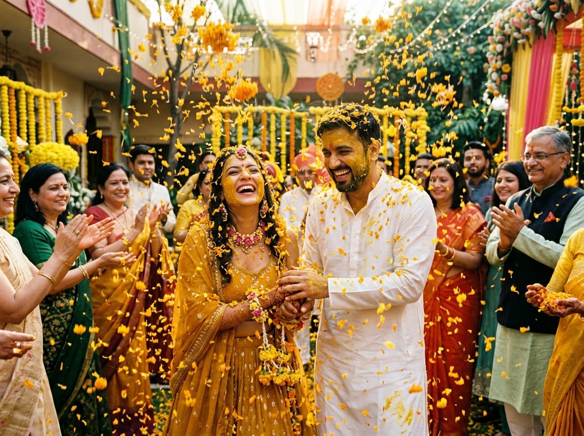 Joyous Haldi ceremony shower of yellow marigold petals and turmeric blessings in Hosur